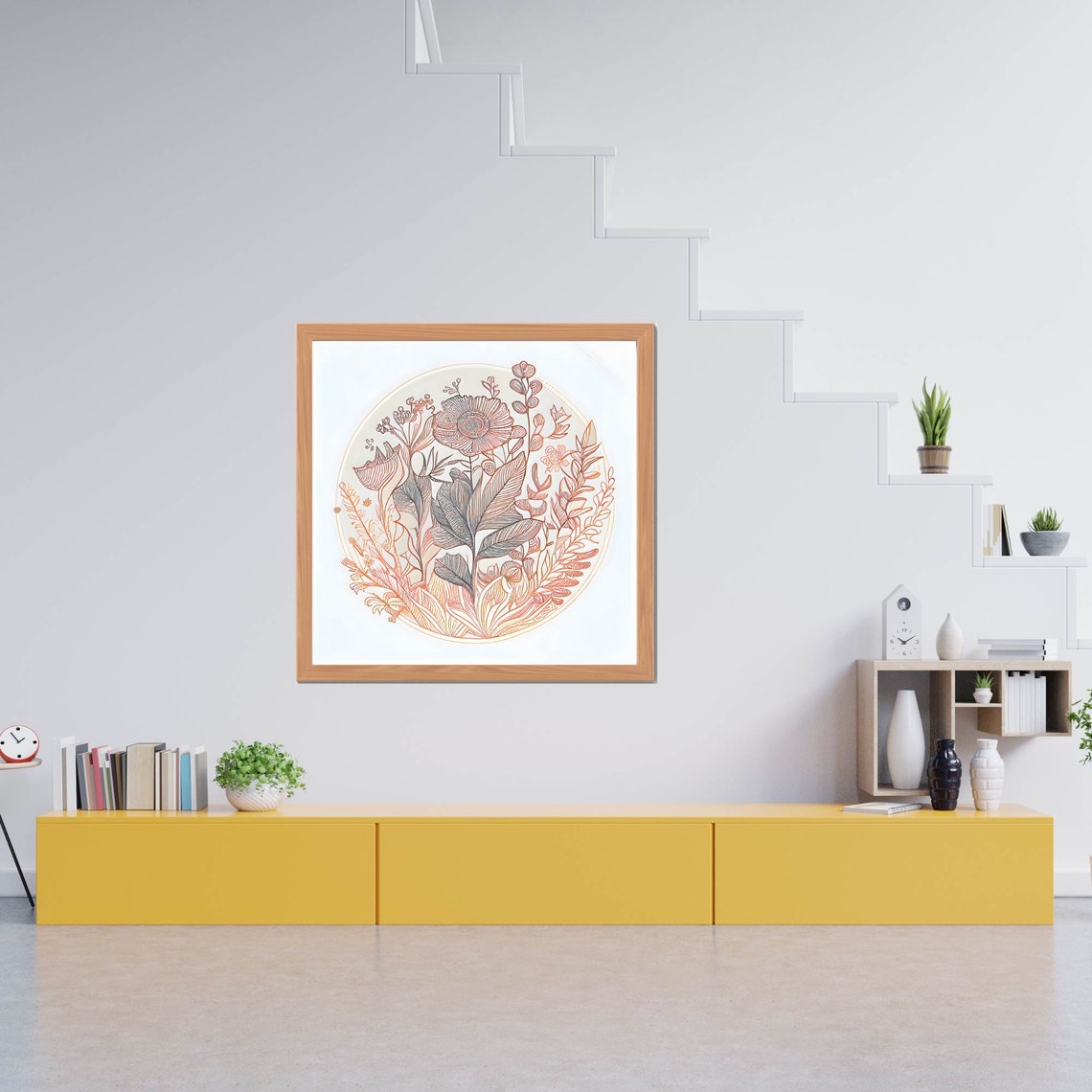Delicate Coral Pink Botanical Line Art Floral Mandala Poster - Image 3