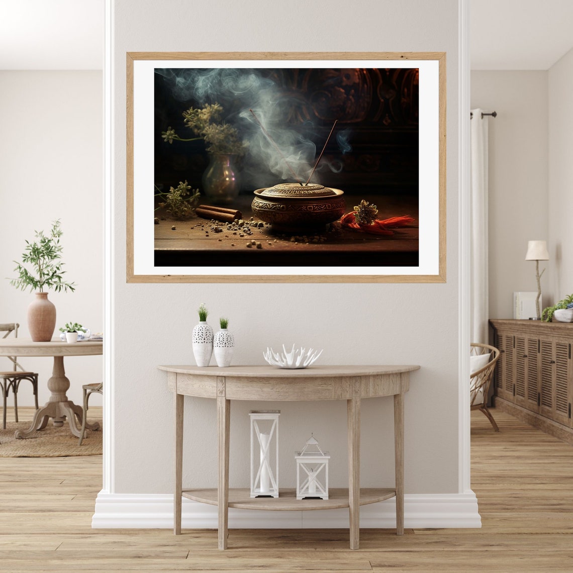 Smoking Incense Bowl Still Life with Cinnamon and Flowers Poster - Image 2