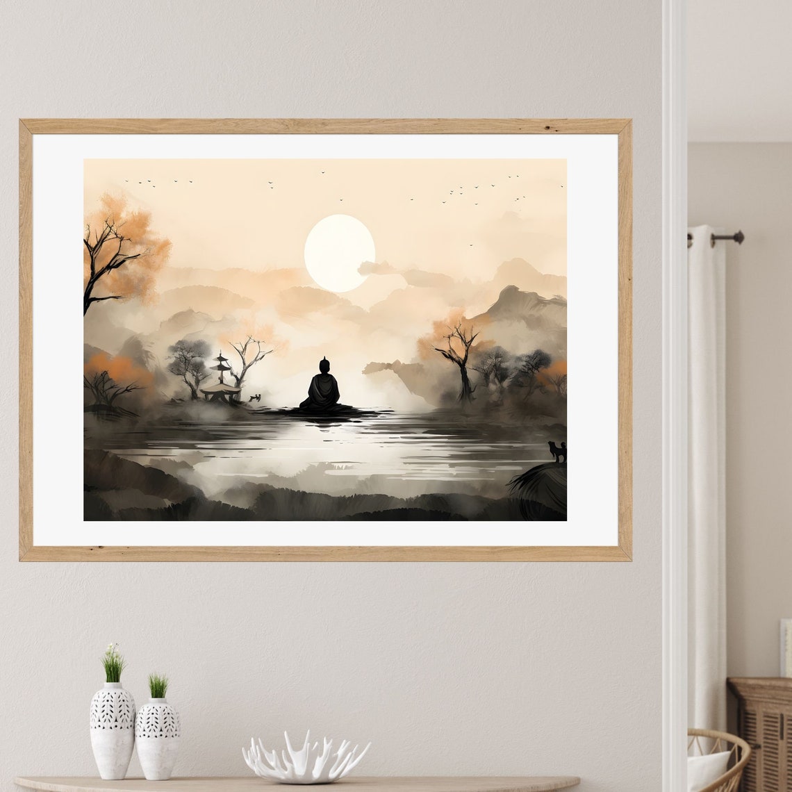 Buddha Meditating by a Misty Lake at Sunrise Mountain Poster