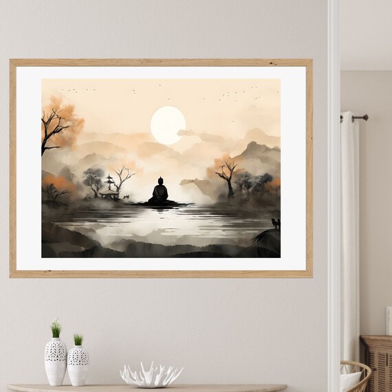 Buddha Meditating by a Misty Lake at Sunrise Mountain Poster
