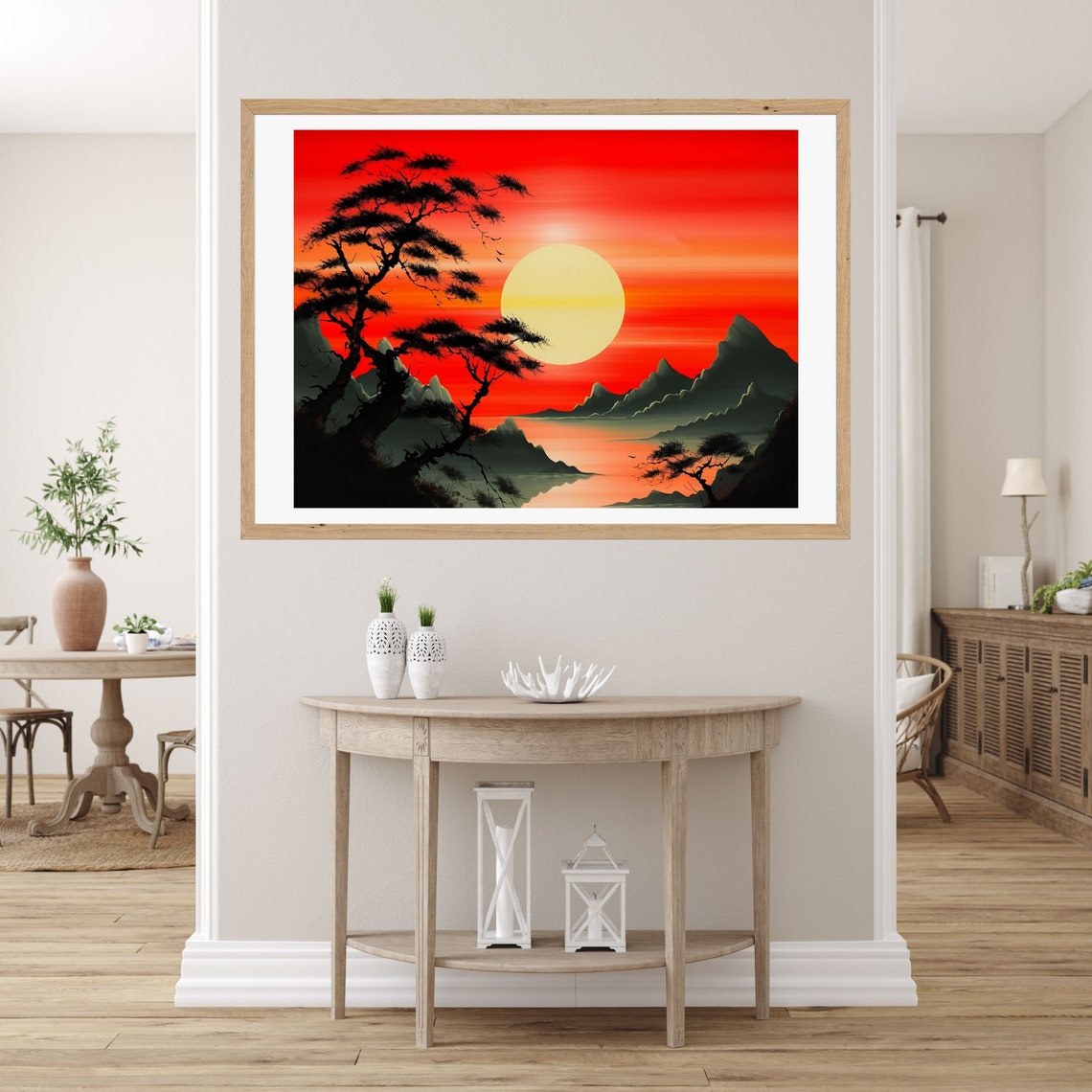 Giant Red Sun Rising Over Asian Mountains and a Still Lake Poster - Image 2