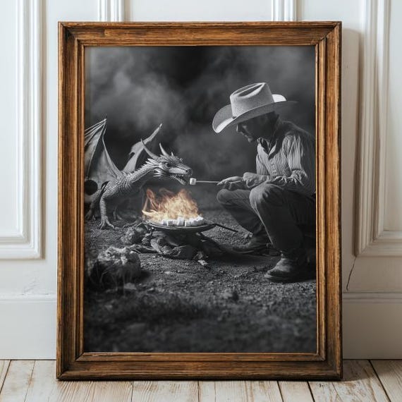Cowboy Roasting Marshmallow Baby Dragon Campfire Monochrome Fantasy Poster