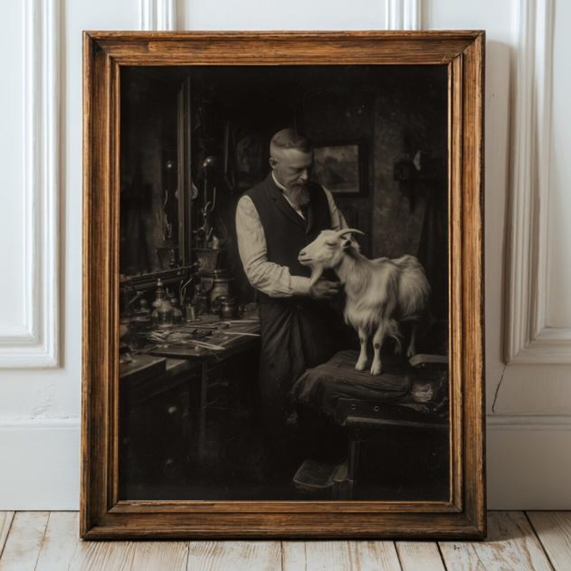 Vintage Goat Barber Art Print, Rustic Sepia Portrait