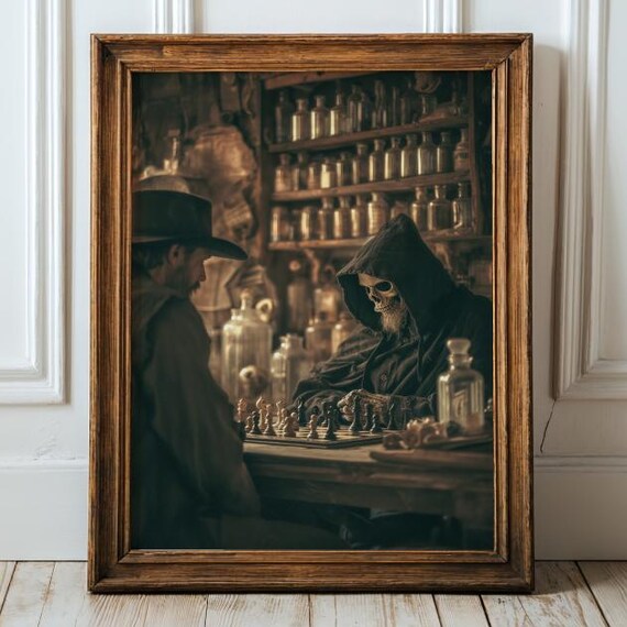 Gothic Cowboy And Skeleton Chess Duel Print Moody Dark Academia Western Wall Art Apothecary Sepia Surreal