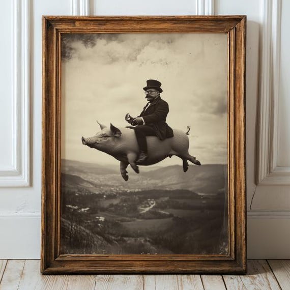 Flying Pig Surreal Vintage Gentleman Riding Art Print