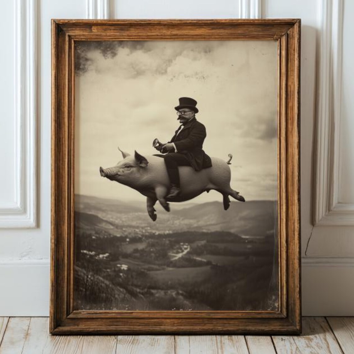 Flying Pig Surreal Vintage Gentleman Riding Art Print