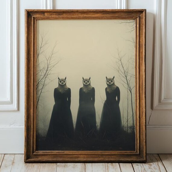Surreal Gothic Owl Women Wall Art Creepy Forest Print For Witchy Dark Academia Decor Moody Sepia Whimsical