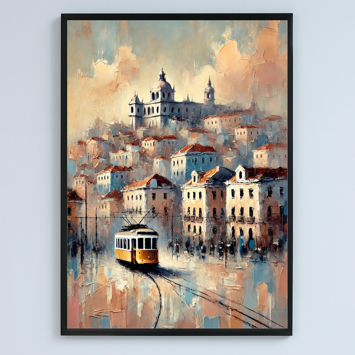 Vintage Yellow Tram European Hillside Old Town Oil Painting Poster