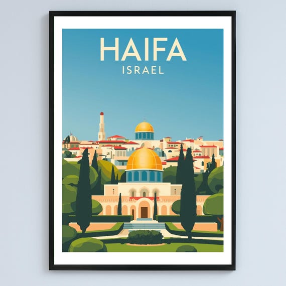 Haifa Israel Vintage Travel Illustration Goldendome Skyline Art Poster
