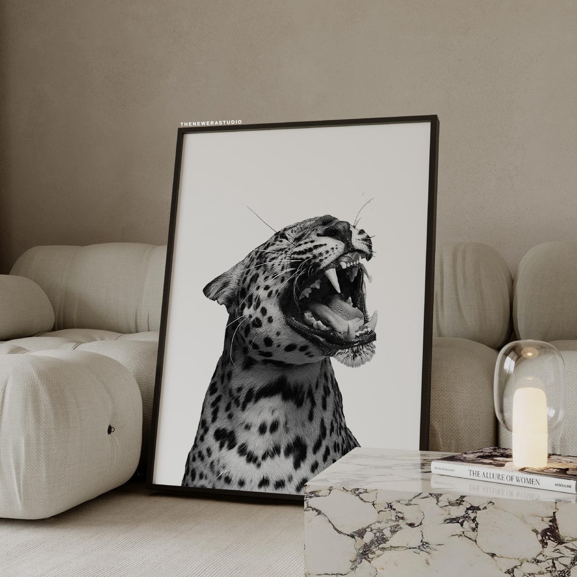 Black and White Roaring Leopard Portrait Minimalist Wildlife Poster