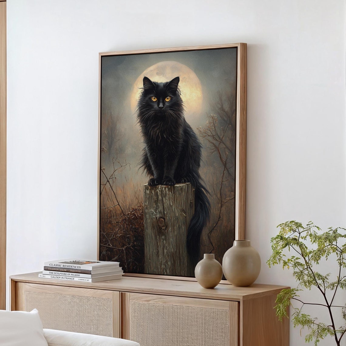 Fluffy Black Cat On Wooden Post Under Full Moon Night Art Print - Image 5