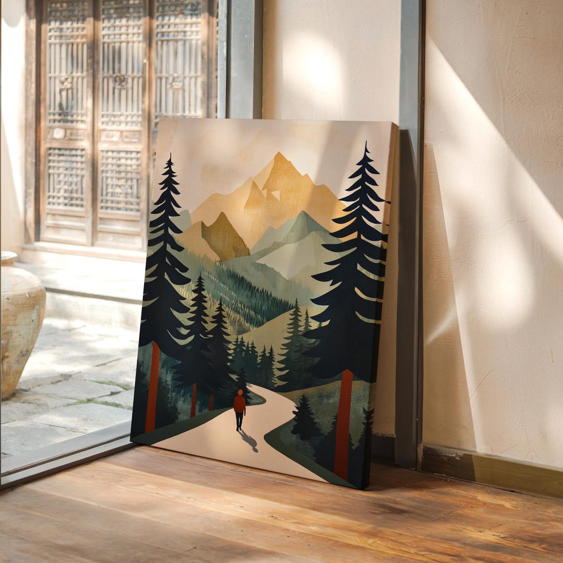 Modern Mountain Hiking Print Minimalist Forest Trail Artwork With Scenic Pines And Golden Peaks For Nature Inspired Wall Decor