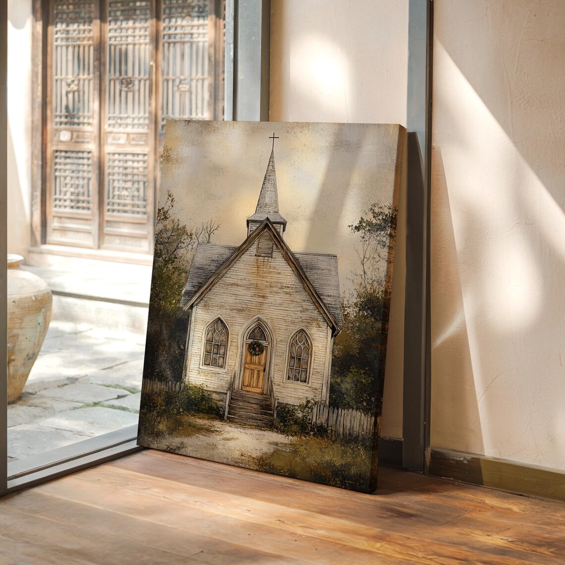 Rustic Church Painting, Vintage Country Chapel Art
