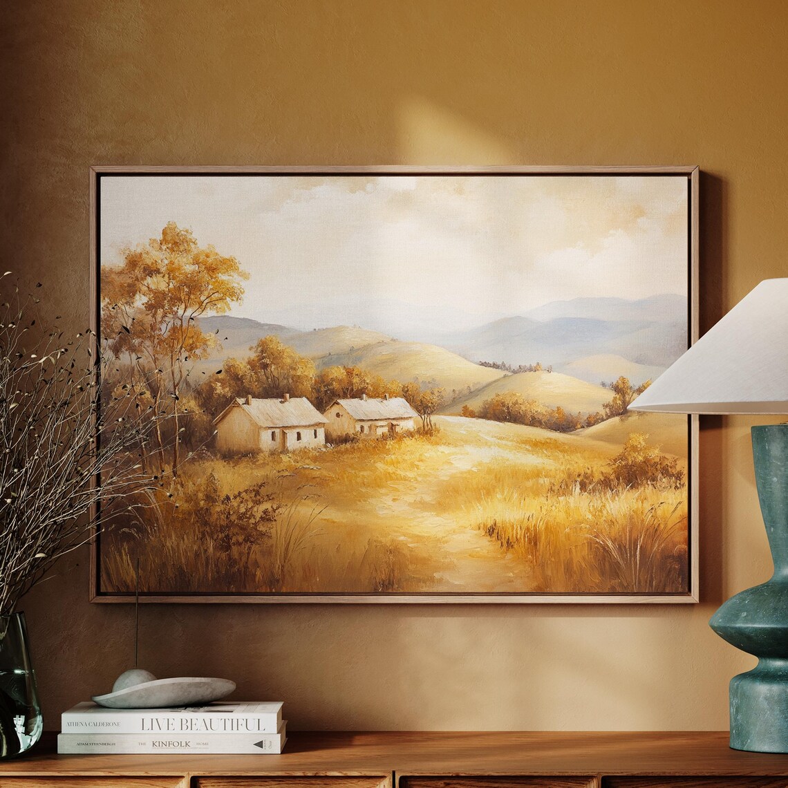 Golden Countryside Cottages, Rustic Autumn Landscape