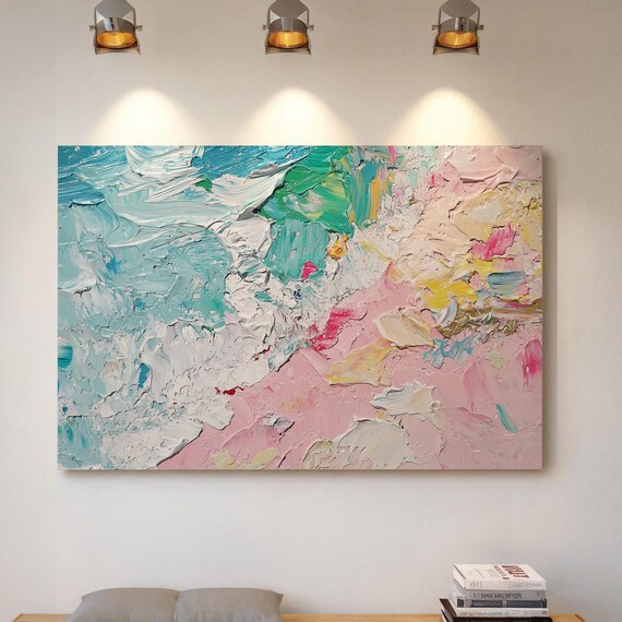 Abstract Palette Knife Painting In Pastel Hues Of Pink Blue And Yellow A Textured Modern Artwork With Bold Brushstrokes