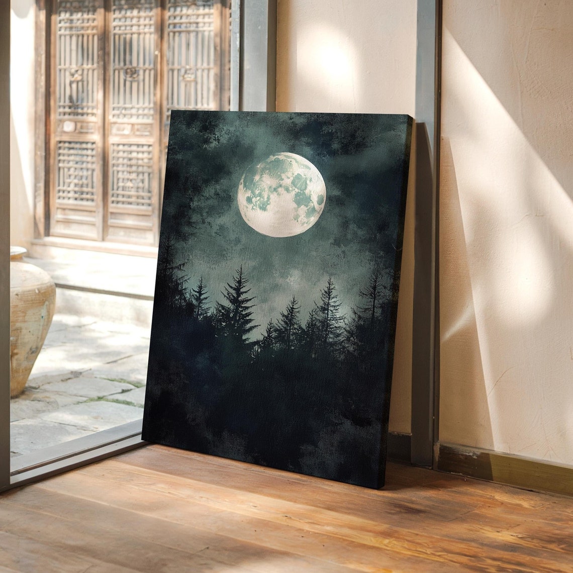 Full Moon Over Dark Pine Forest Night Sky Celestial Wall Poster