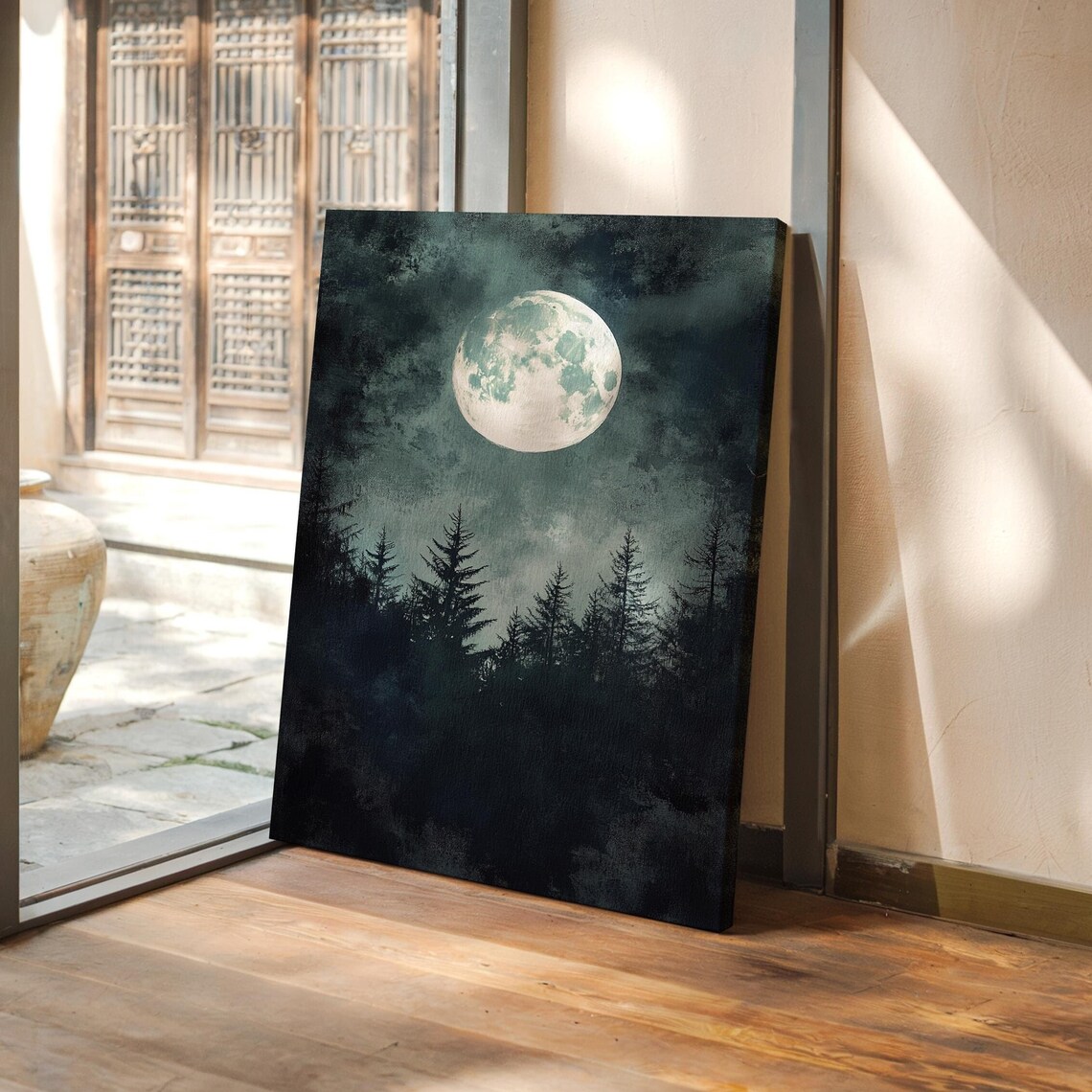Mystical Full Moon Art Print Dark Forest Night Sky Wall Decor Celestial Moonlight Illustration Atmospheric Lunar Landscape