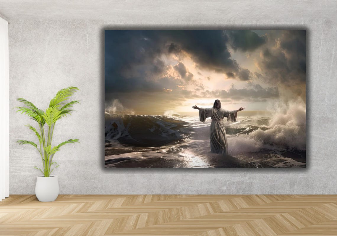 Jesus Walking on Water Stormy Sea Miracles Christian Art Poster - Image 3