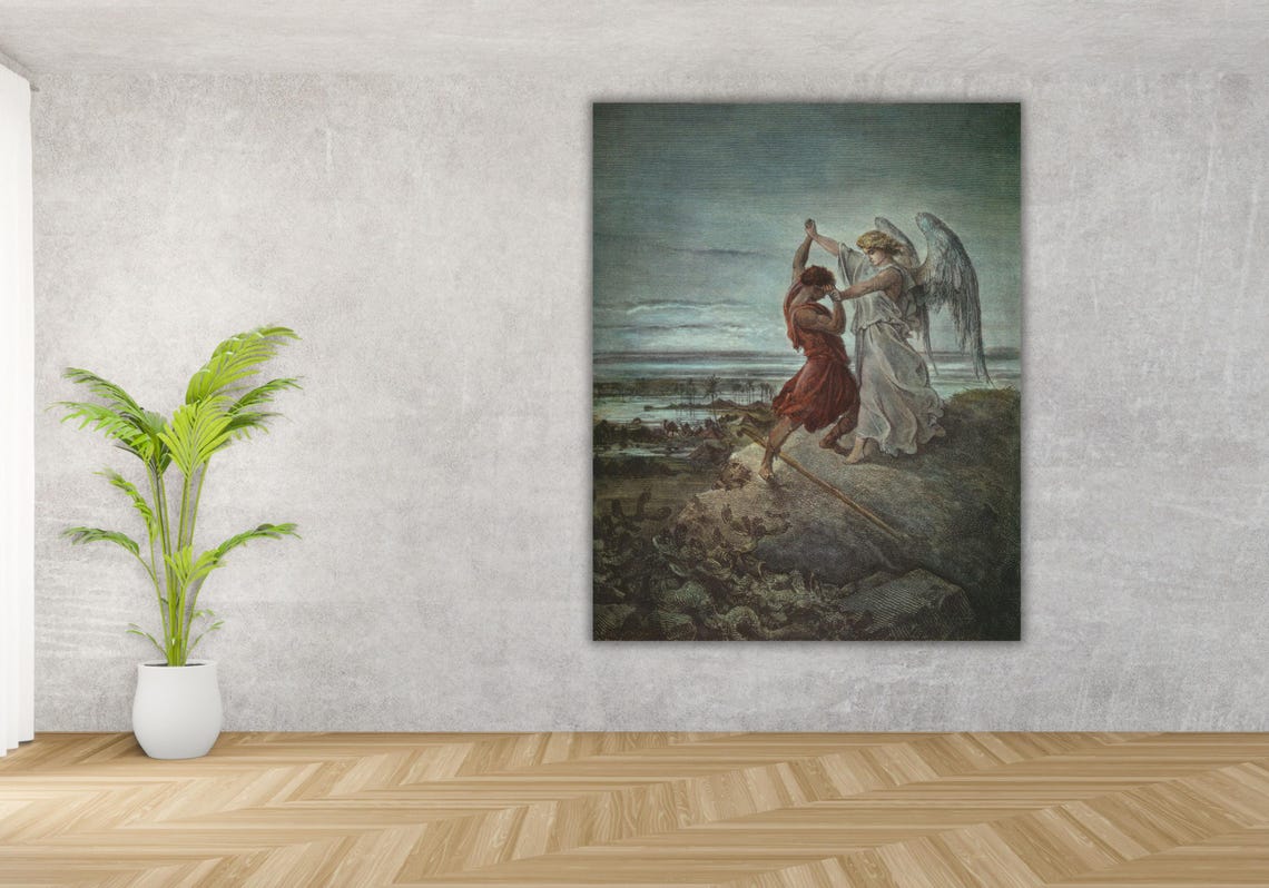 Gustave Dore Jacob Wrestling Angel Biblical Engraving Art Poster - Image 3