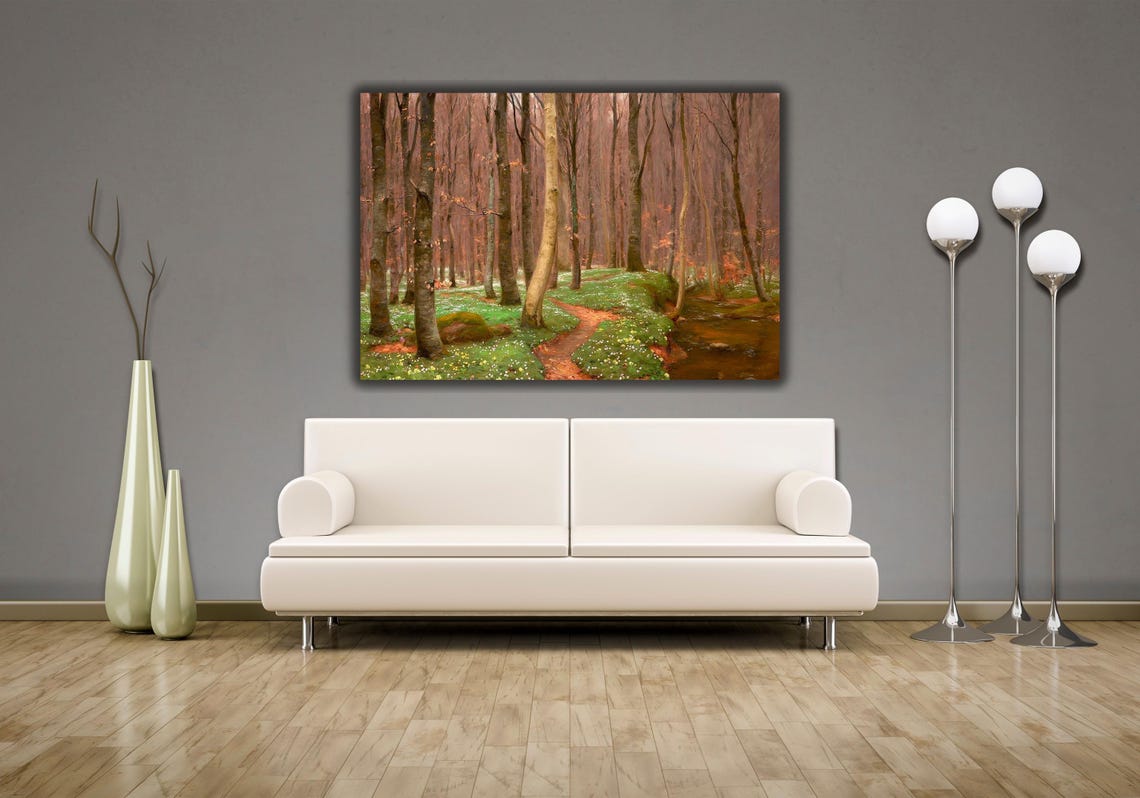 Spring Forest Path Painting Tall Trees Winding Trail Stream Poster - Image 2