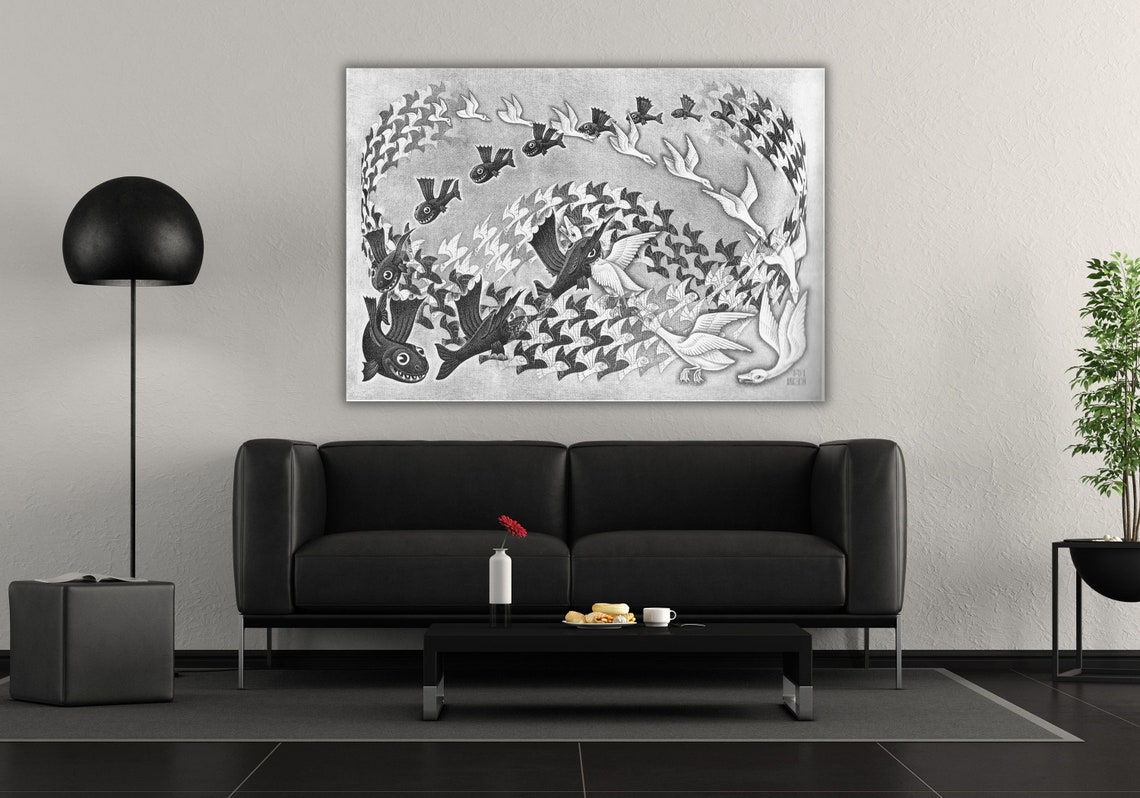 M C Escher Sky and Water Fish Bird Tessellation Optical Art Poster - Image 2