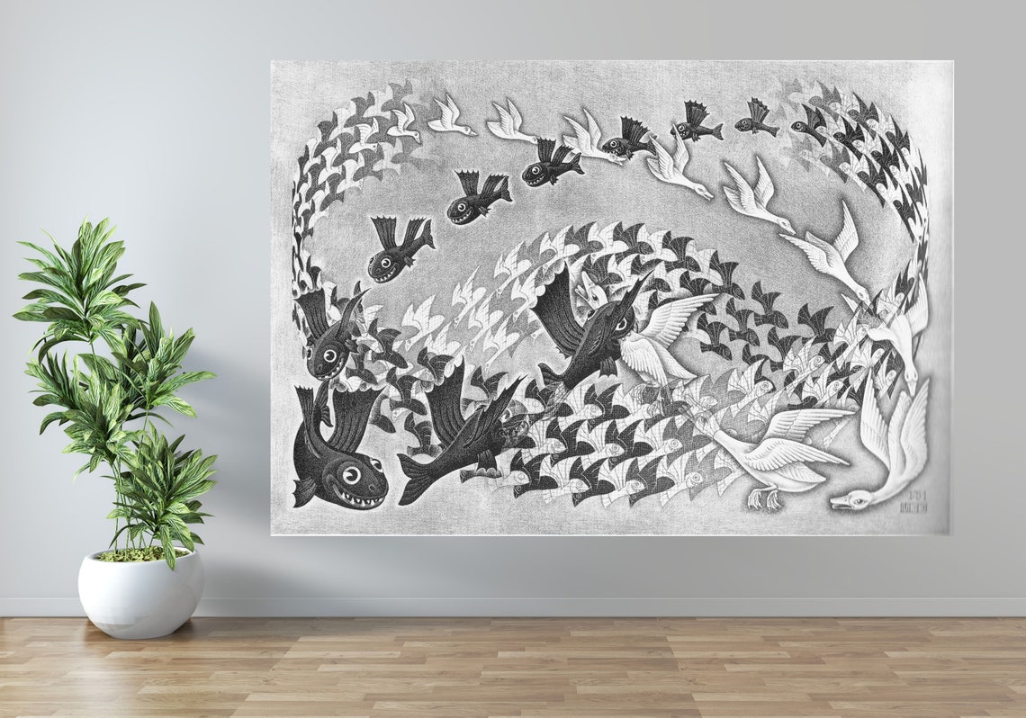 M C Escher Sky and Water Fish Bird Tessellation Optical Art Poster - Image 3