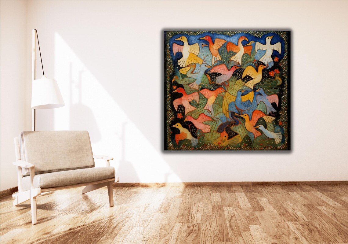 Colorful Folk Art Birds Painting Flock of Ducks Geese Garden Poster