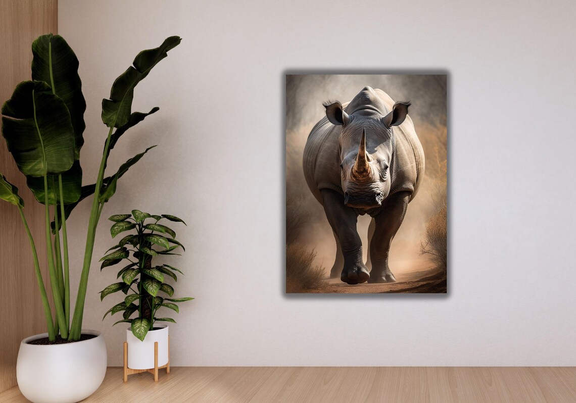 Rhinoceros Walking On Dusty Path Dramatic Close Up Wildlife Safari Art Poster - Image 3