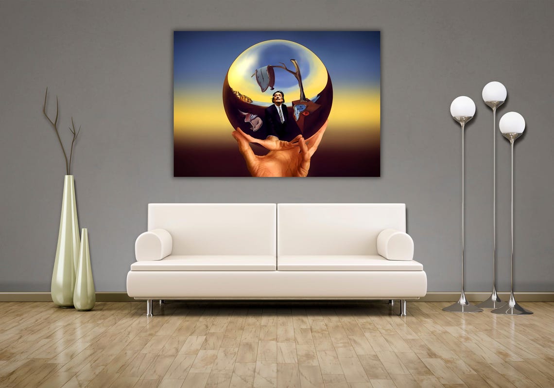 Dali Portrait Holding Globe of Melting Clocks Surreal Art Poster - Image 2