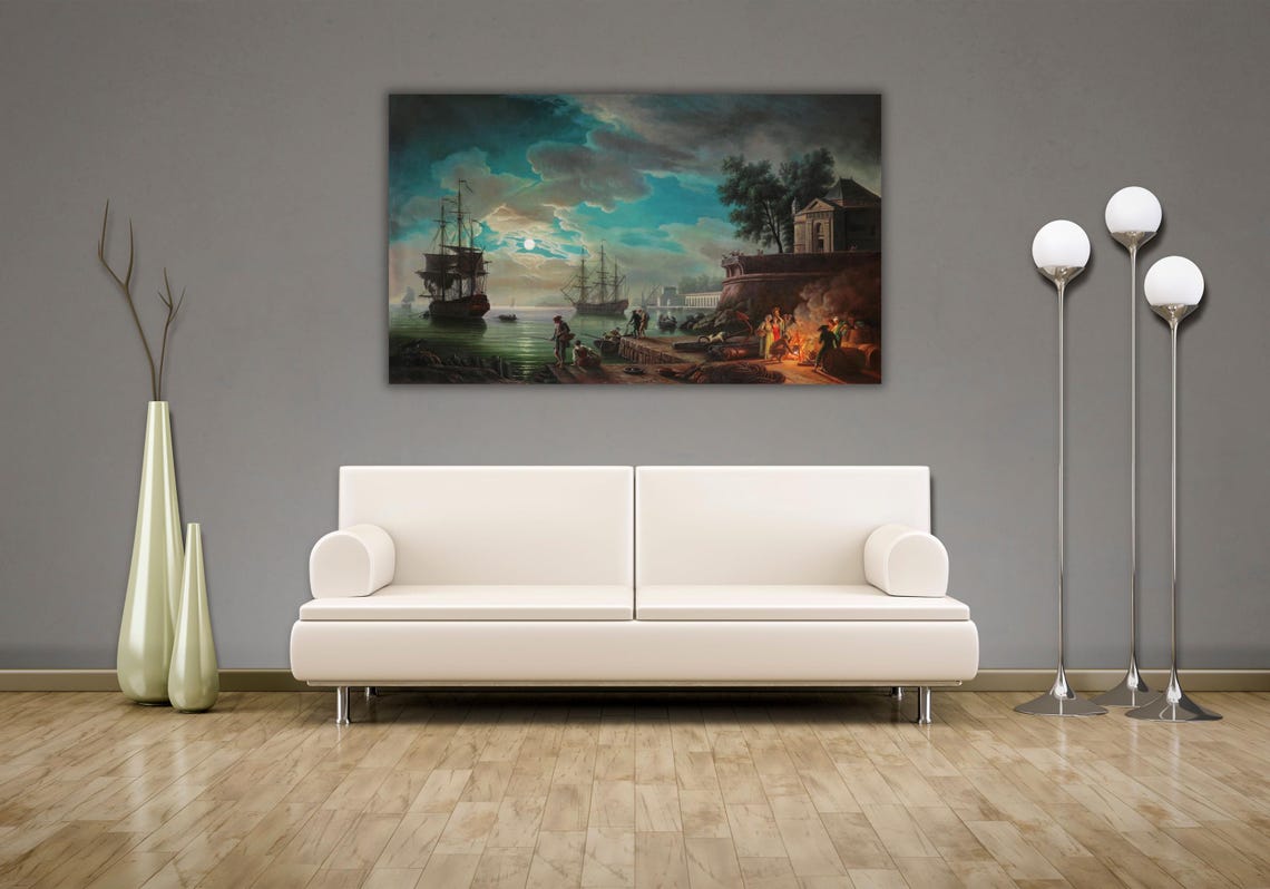 Moonlit Harbor Tall Ships Night Sea Fishermen Classic Art Poster - Image 3