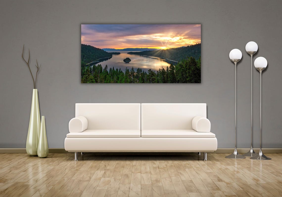 Mountain Lake Sunset Pine Forest Island Reflection Scenic Poster - Image 2