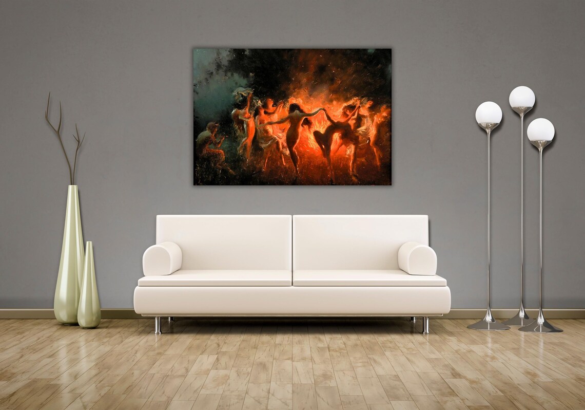 Joseph Tomanek Fire Dance Women Dancing Around Bonfire Night Painting Poster - Image 2