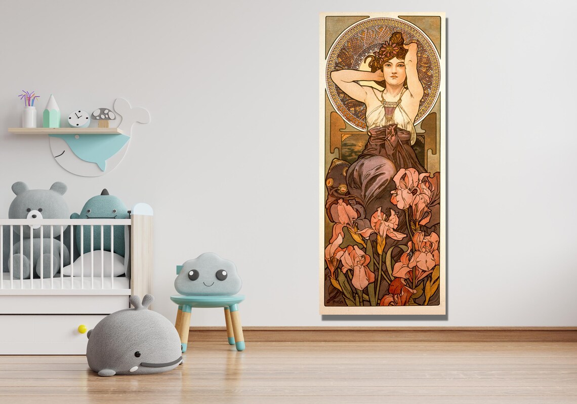 Vintage Mucha Art Nouveau Woman with Irises Floral Beauty Poster - Image 2