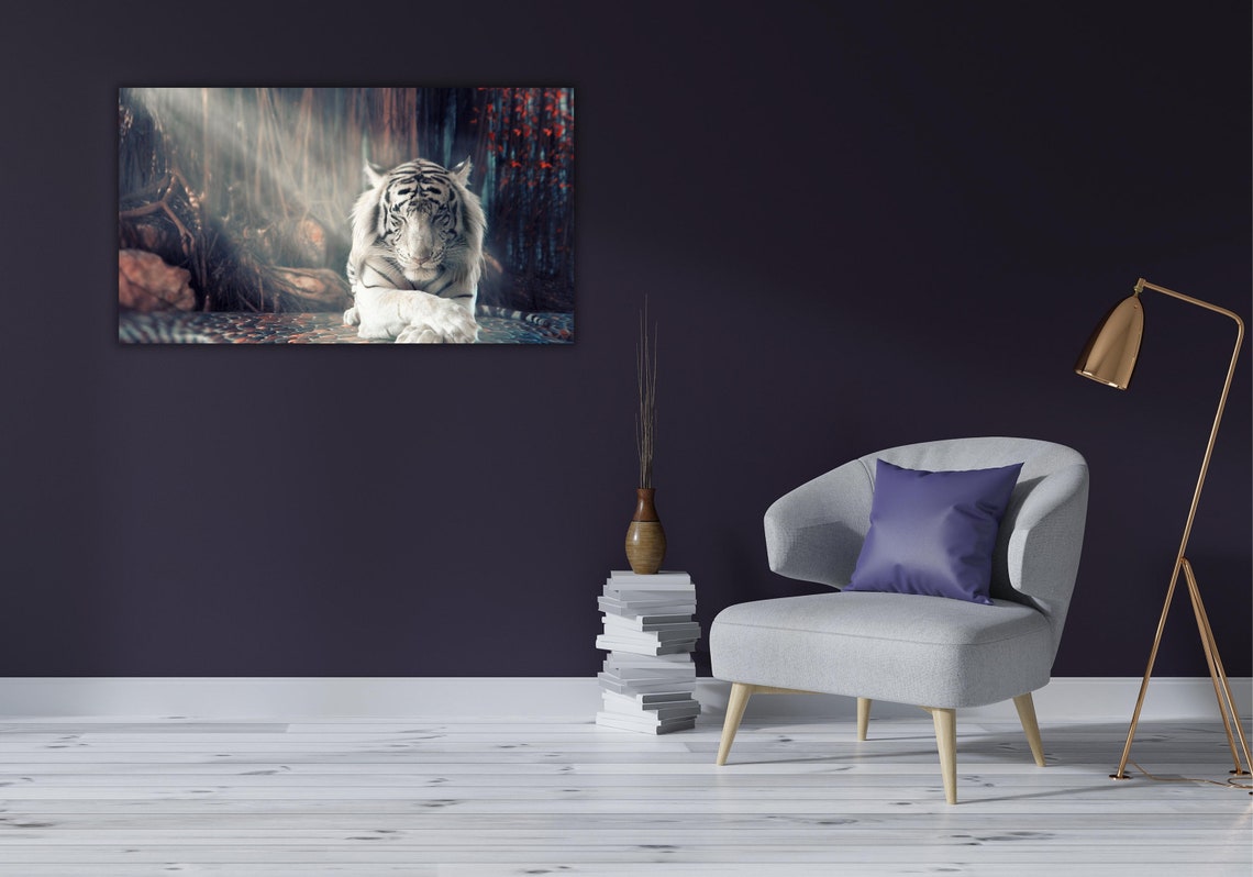 White Tiger Resting Misty Forest Wildlife Nature Photography Poster - Image 2