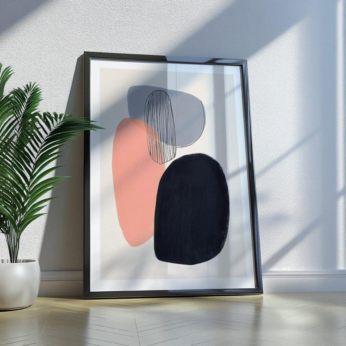 Navy Coral and Gray Abstract With Striped Ellipse Modern Poster - Image 3