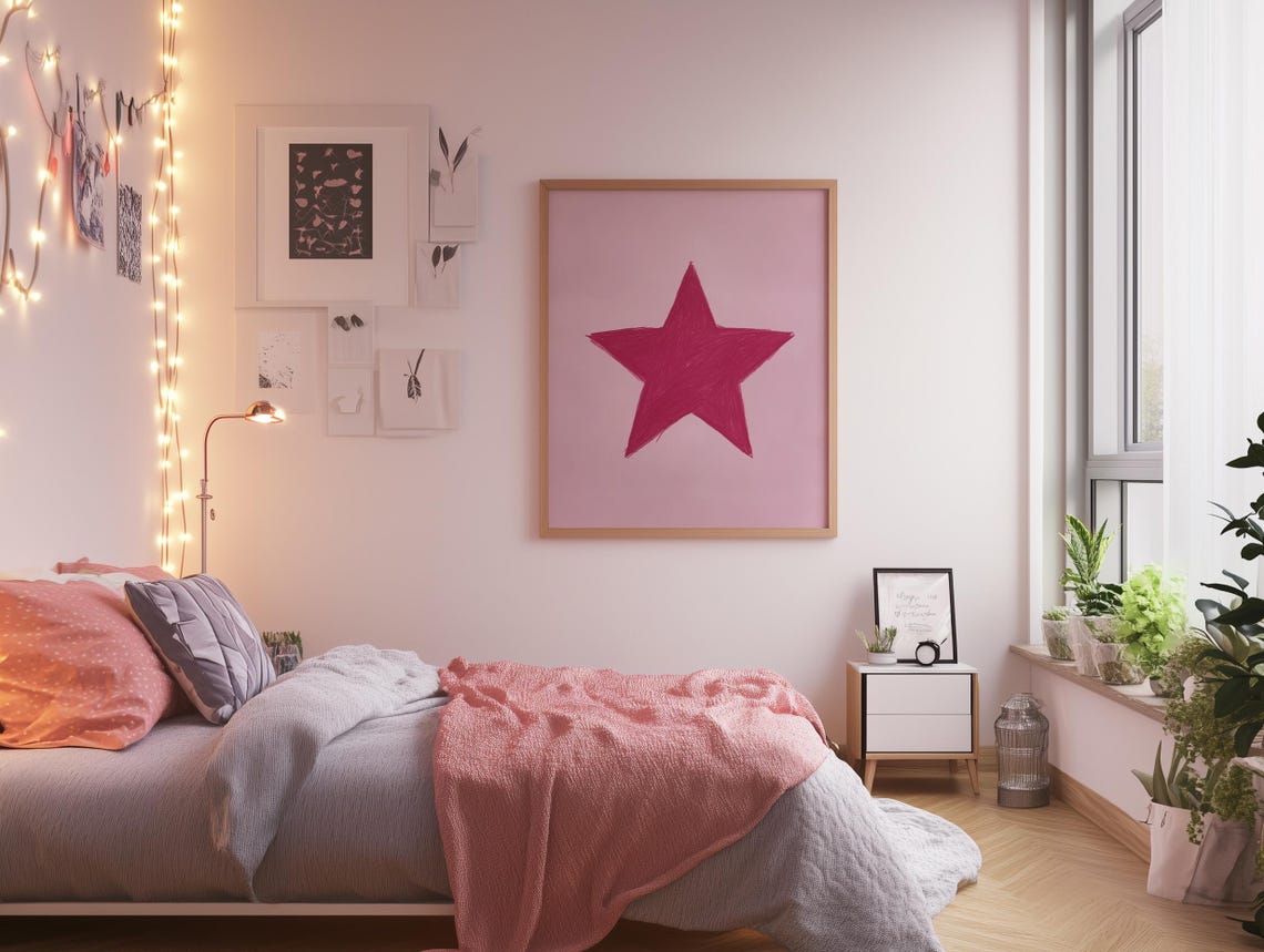 Pink Crayon Star Hand Drawn Retro Dorm Room Wall Art Decor Aesthetic - Image 4