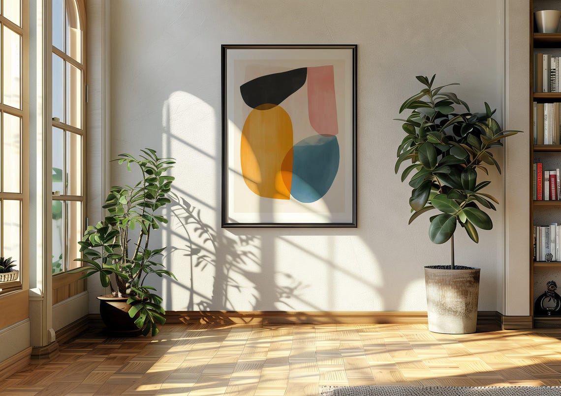 Pink Mustard and Teal Mid Century Modern Abstract Shapes Art Poster - Image 4