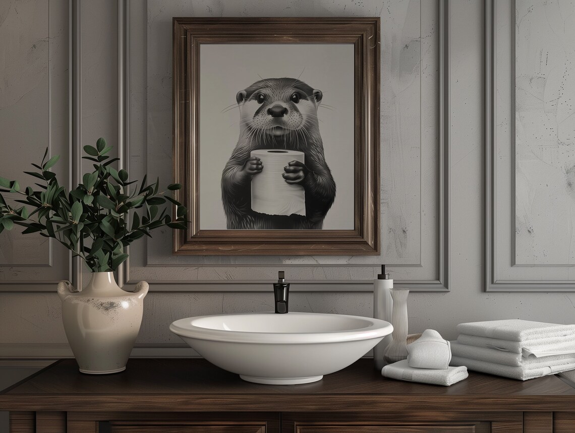 Cute Bathroom Otter Art Print, Black And White - Image 2