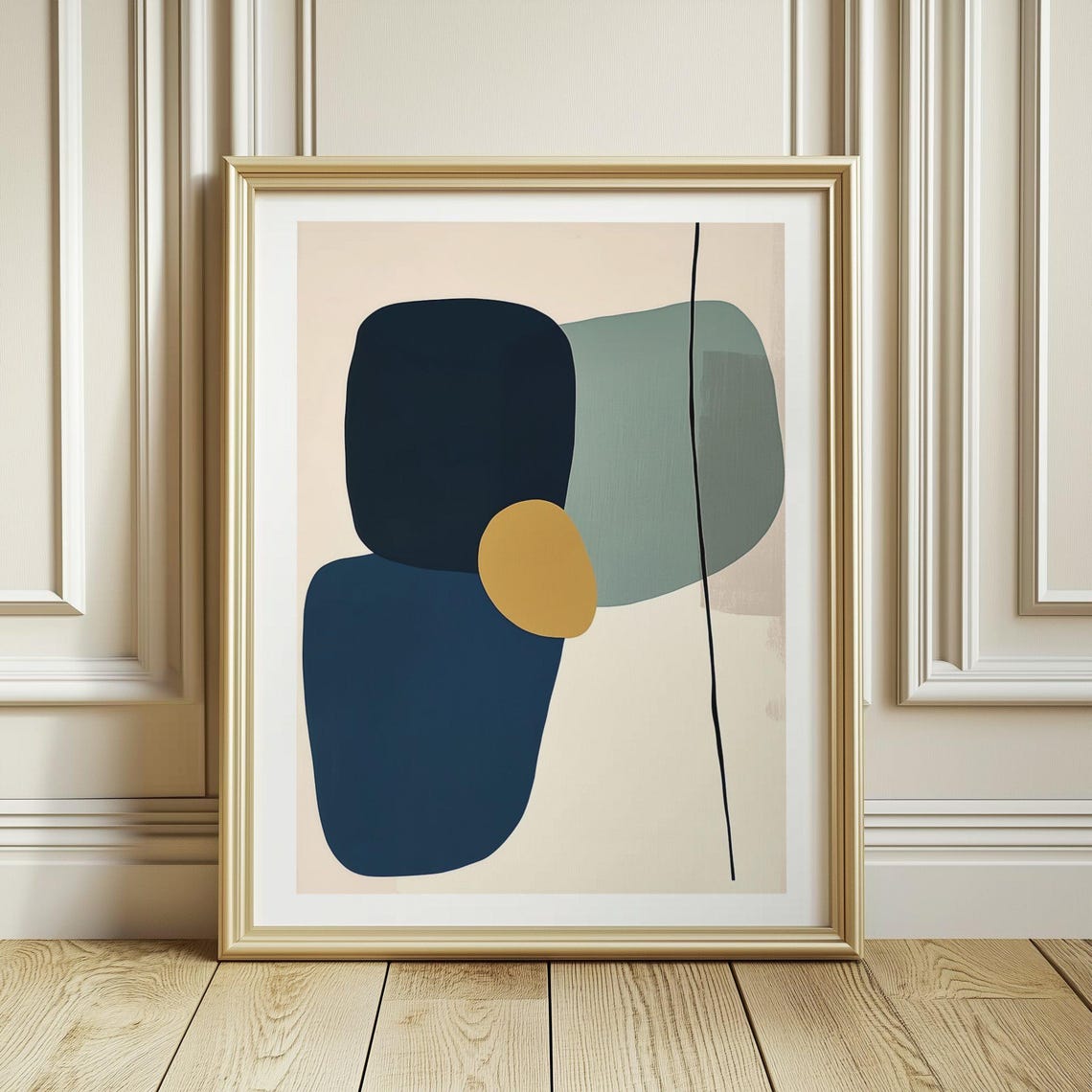 Navy Sage Green and Ochre Overlapping Abstract Shapes Minimal Poster - Image 3
