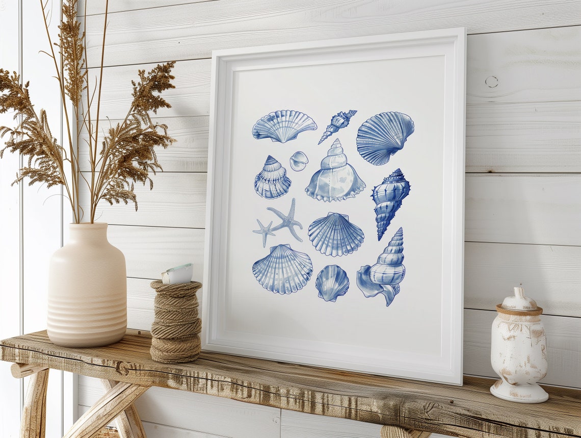 Blue Seashells Starfish Watercolor Collage Coastal Beach Poster - Image 4