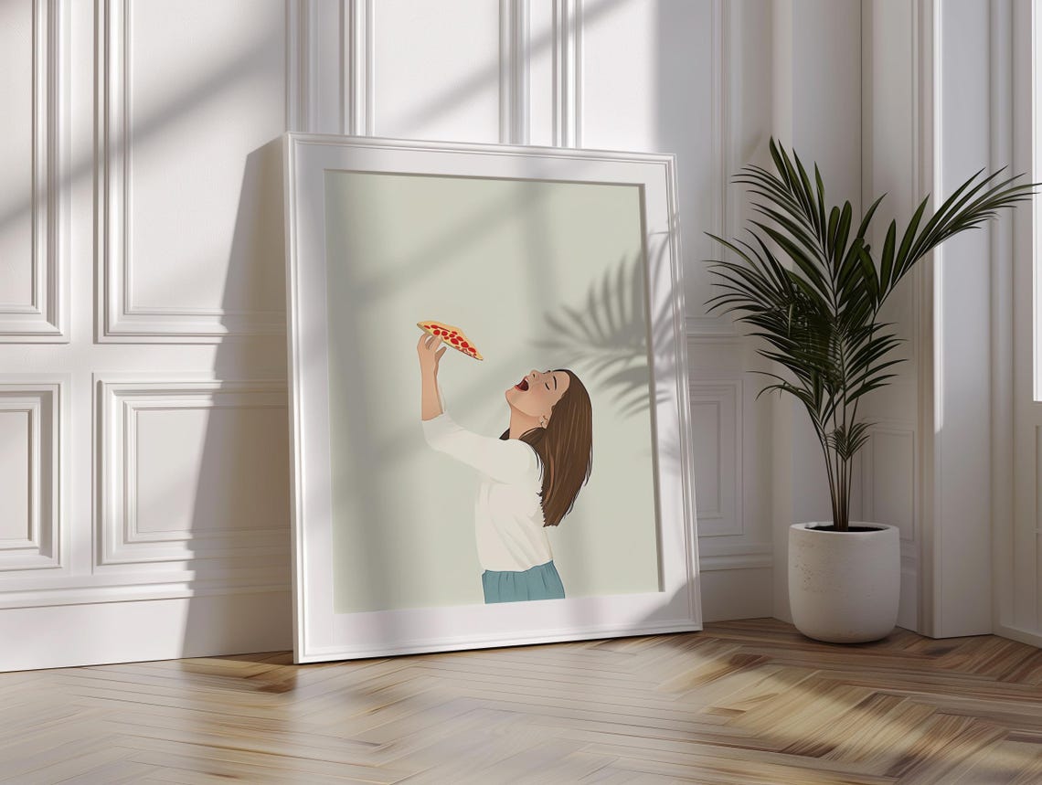 Hungry Woman Eating Pizza Slice Funny Food Illustration Wall Art - Image 2