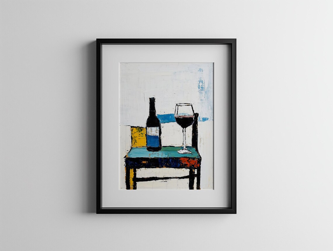 Wine Bottle and Glass Abstract Oil Painting Still Life Poster - Image 4
