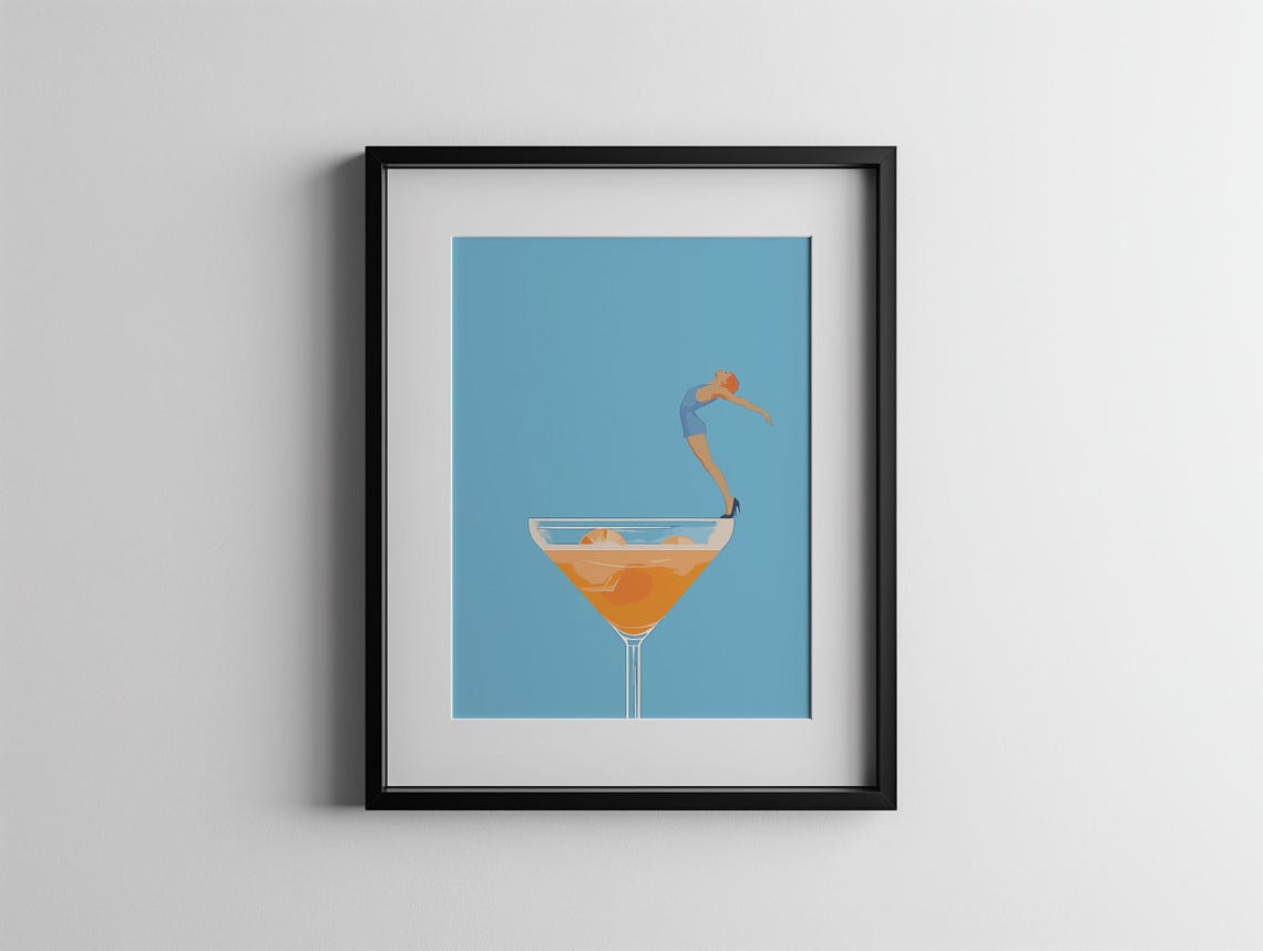 Retro Woman Diving into Giant Aperol Spritz Cocktail Glass Art Poster - Image 4