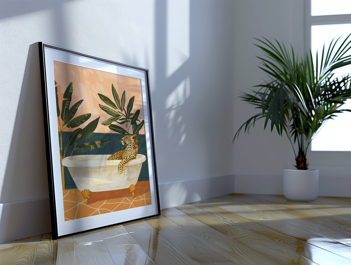 Leopard in Bathtub Tropical Safari Art Print - Image 4