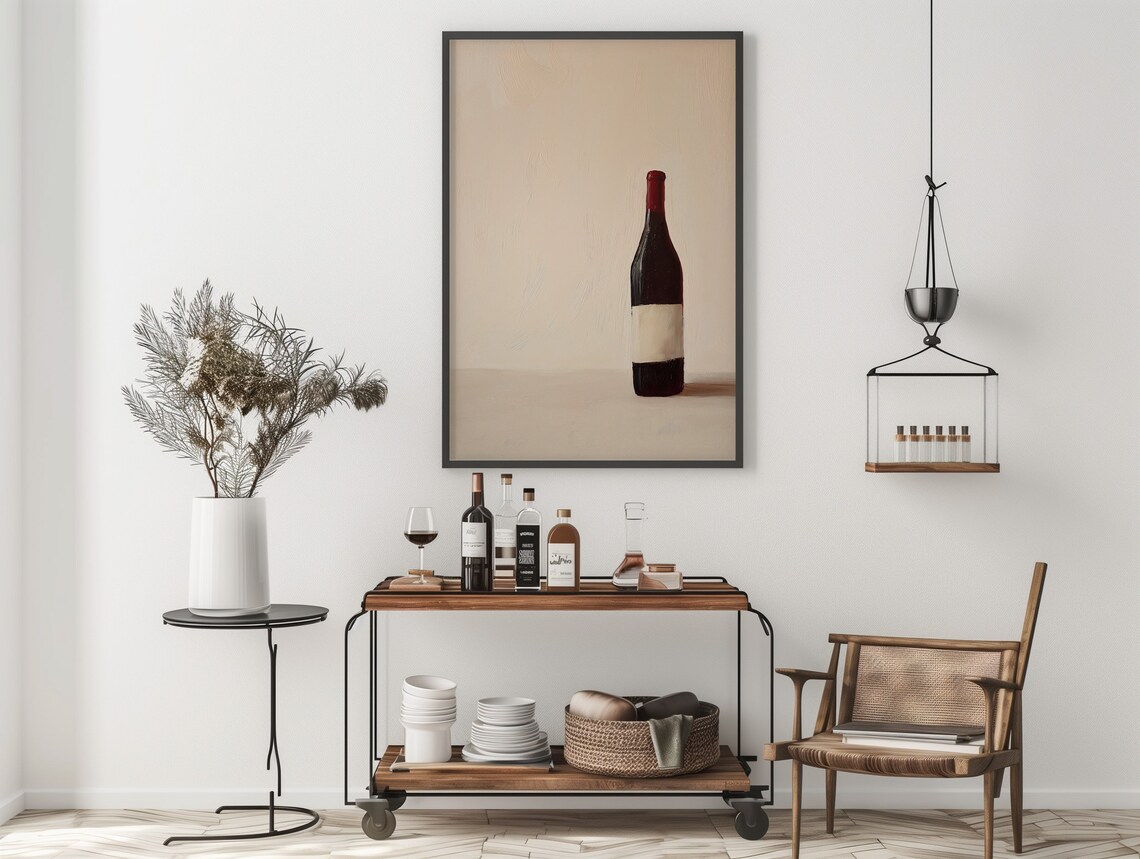 Red Wine Bottle Minimalist Still Life Poster Beige Kitchen Bar Decor Art - Image 3