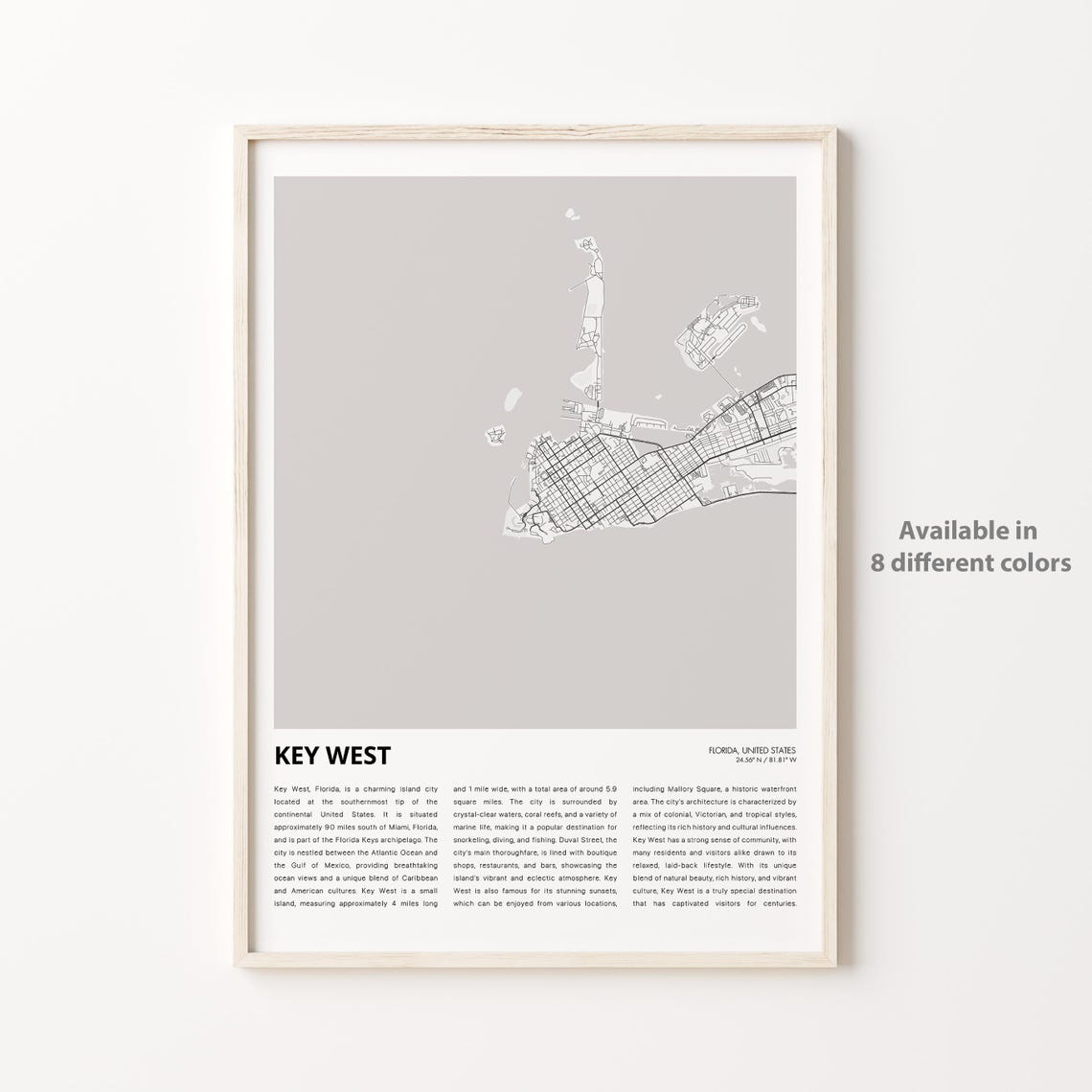 Key West Map Print Travel Wall Decor Art Florida Housewarming Gift