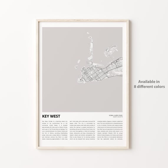 Key West Map Print Travel Wall Decor Art Florida Housewarming Gift