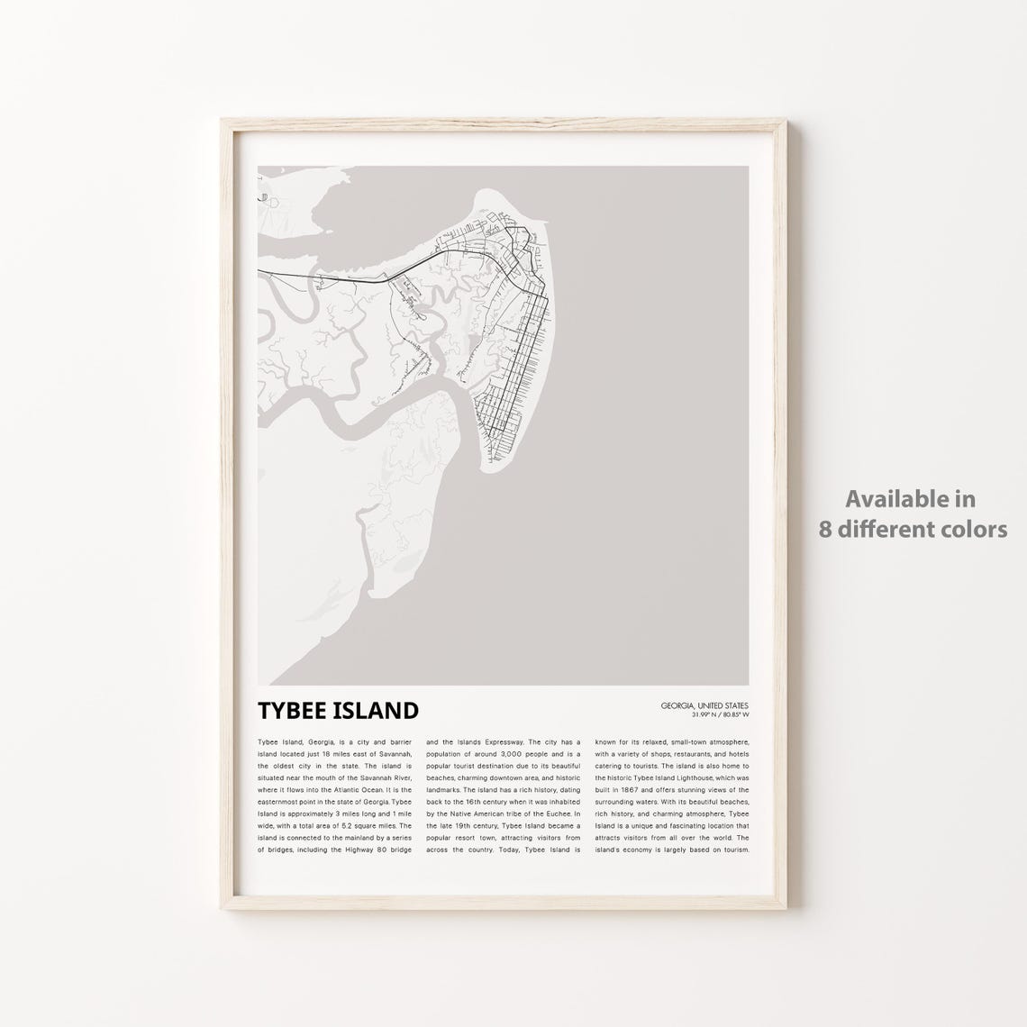 Tybee Island Georgia Minimalist Coastal City Travel Map Wall Art