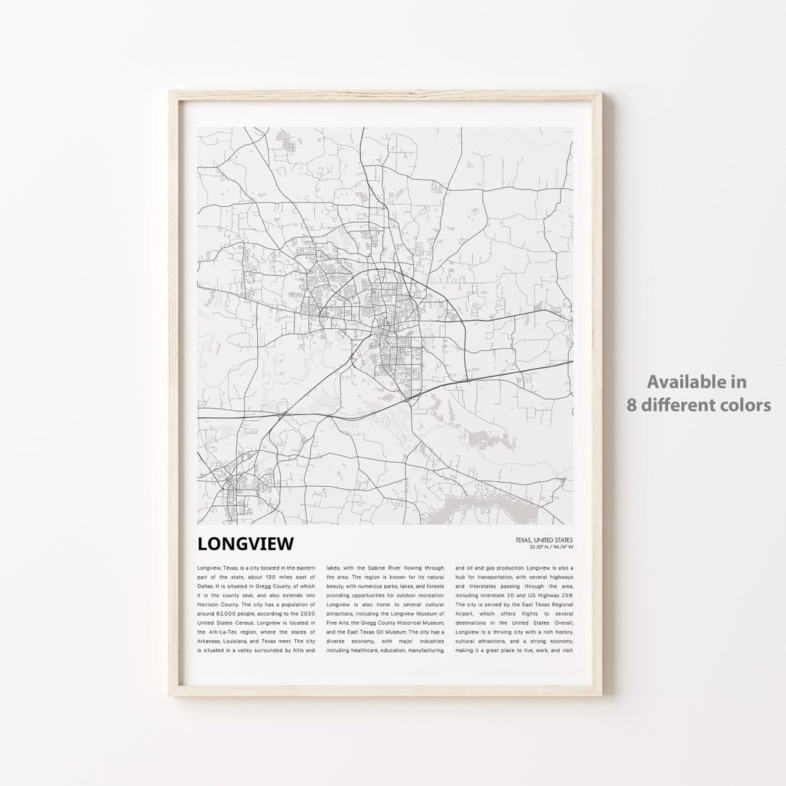 Longview Texas Custom Street Map Minimalist Home Decor Poster