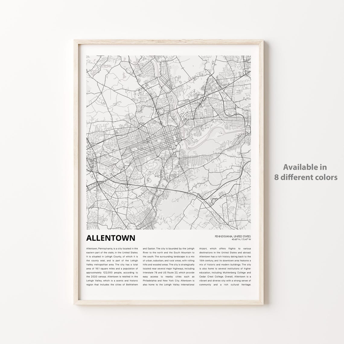 Allentown Pennsylvania City Map Monochrome Street Plan Poster